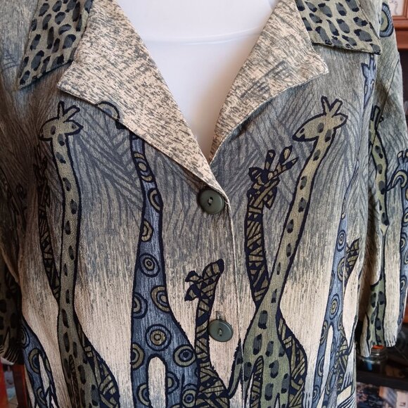Vintage 1980s Womens Elephant Blouse Large Green Rayon Printed by Sea Suns Top L - Picture 1 of 7